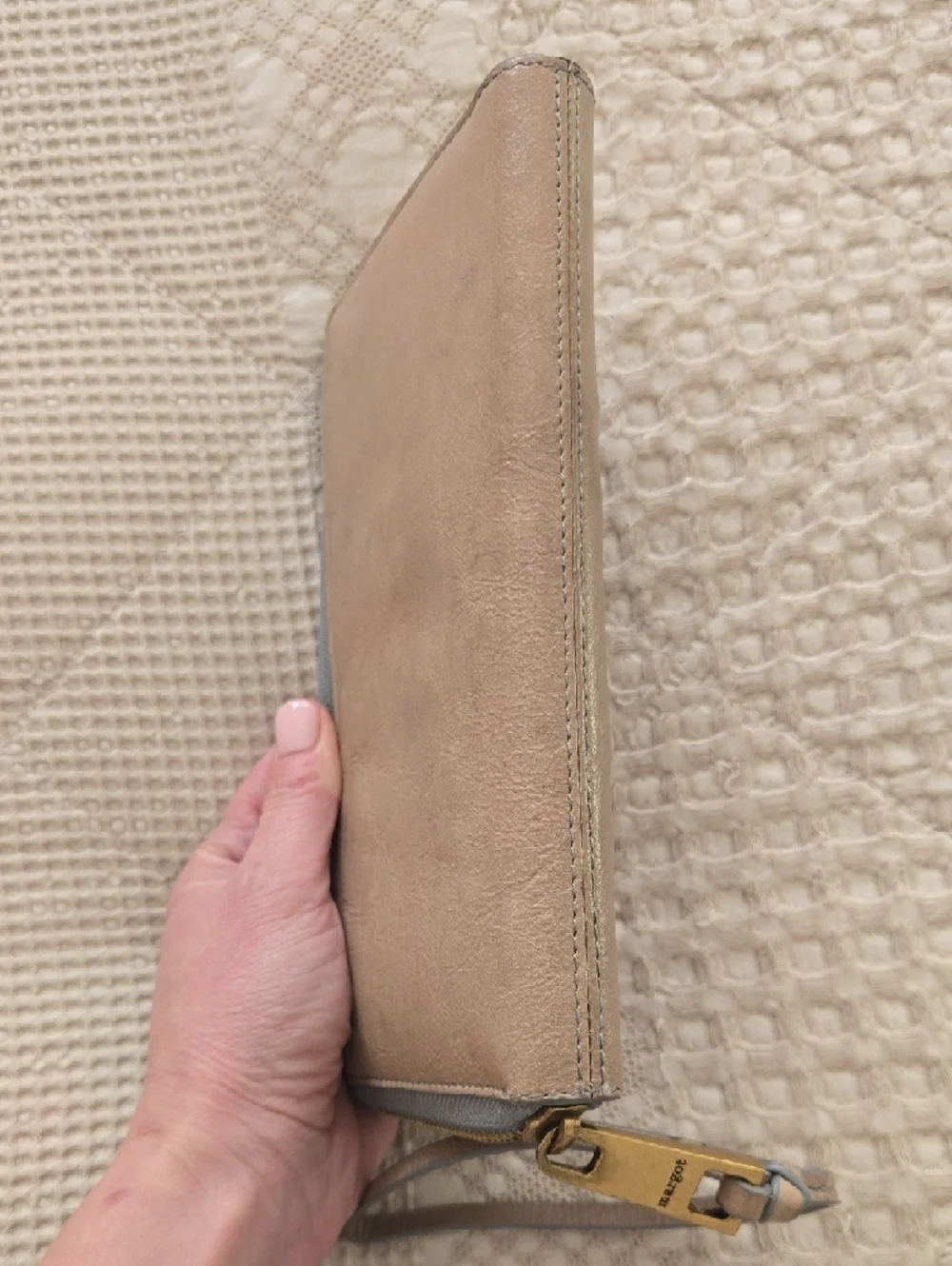 margot Taupe Leather Zip Wristlet Wallet with Blue Trim Normcore Anthropologie